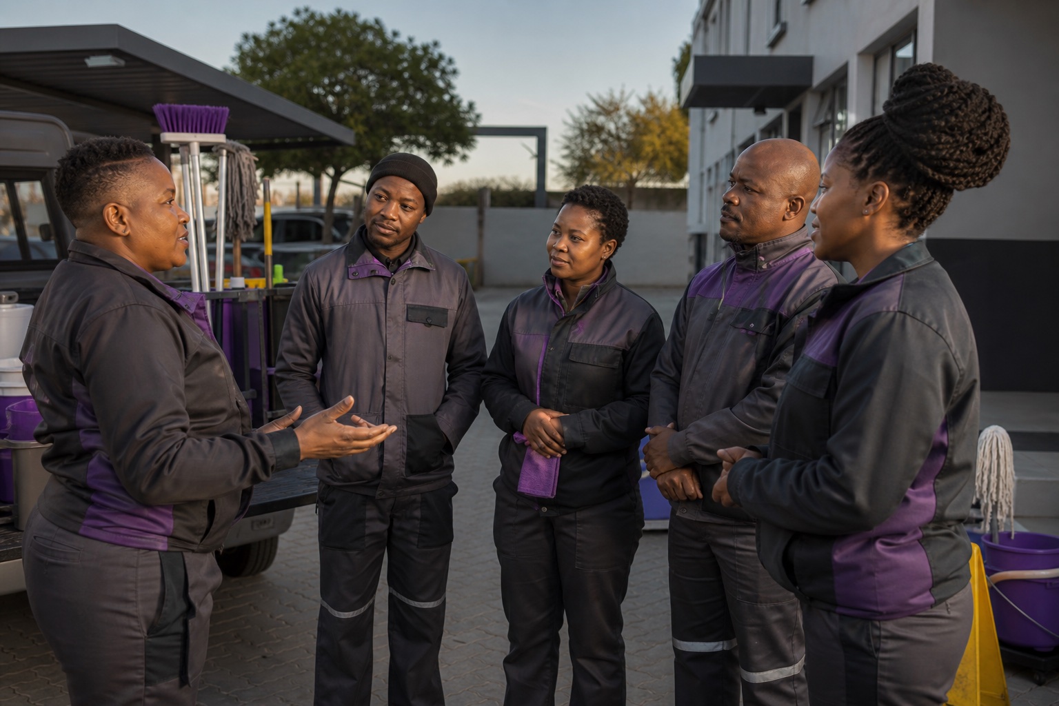 South African service team participating in a morning safety briefing