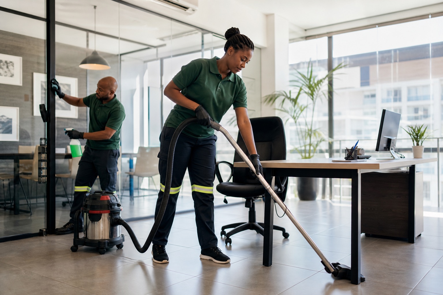 Professional cleaning team working in a modern office