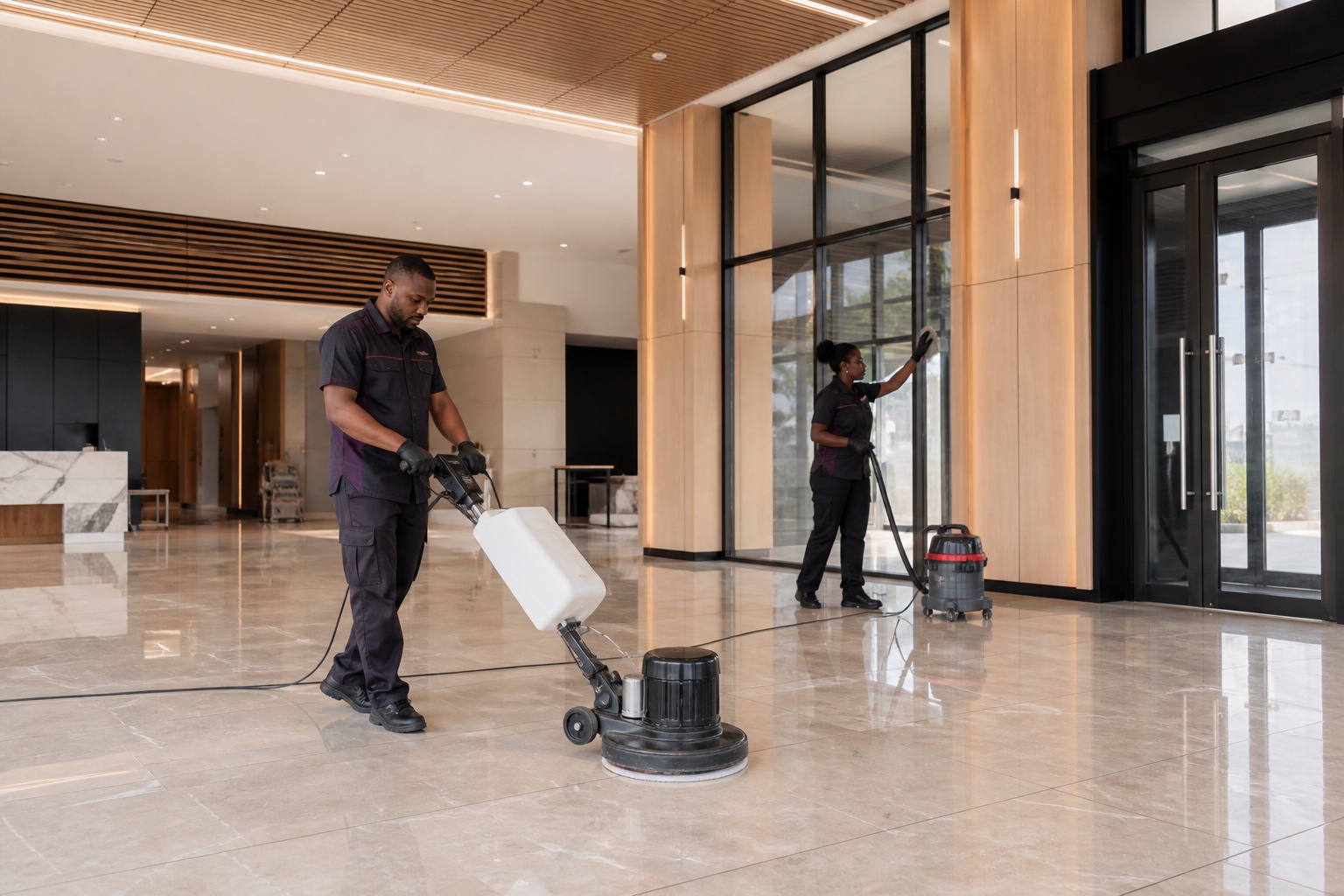 Professional post-construction cleaning team completing a commercial lobby