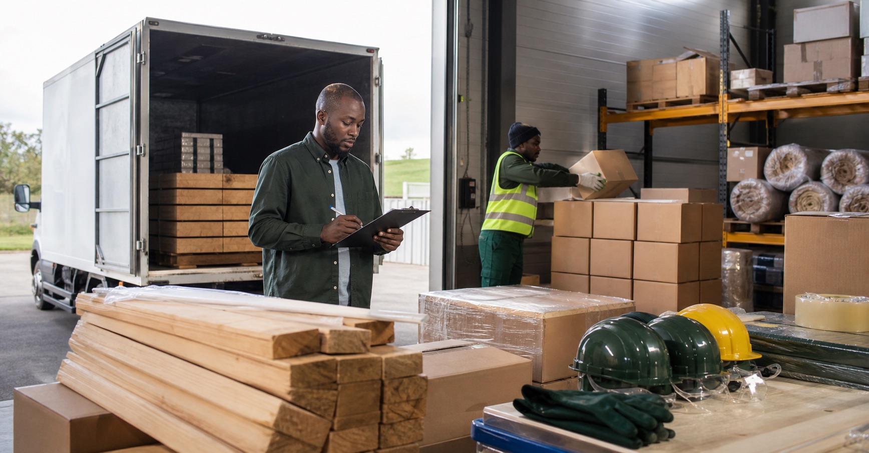Supply and delivery team preparing materials and safety equipment